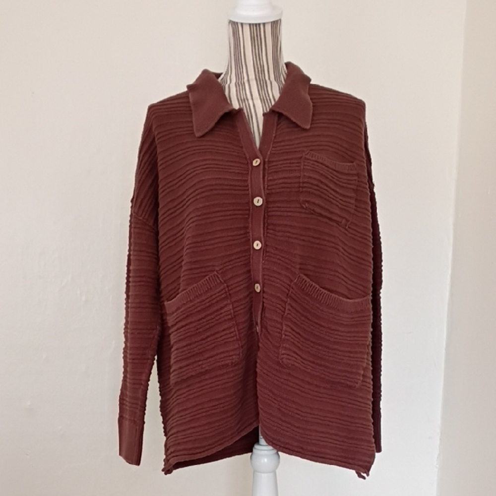 Free People Beach Brown Button Front Cotton Oversized Cardigan Sweater Size M